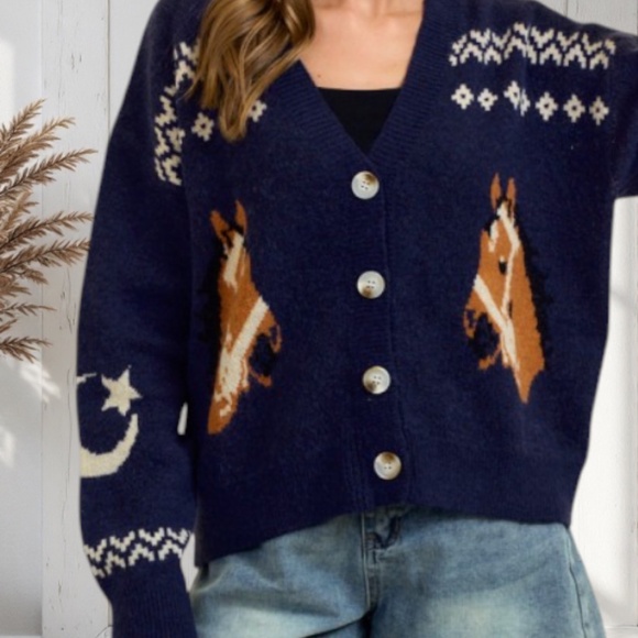 Navy Blue Horse Knit Button Front Cardigan Sweater Relaxed Fit Western - Picture 1 of 4